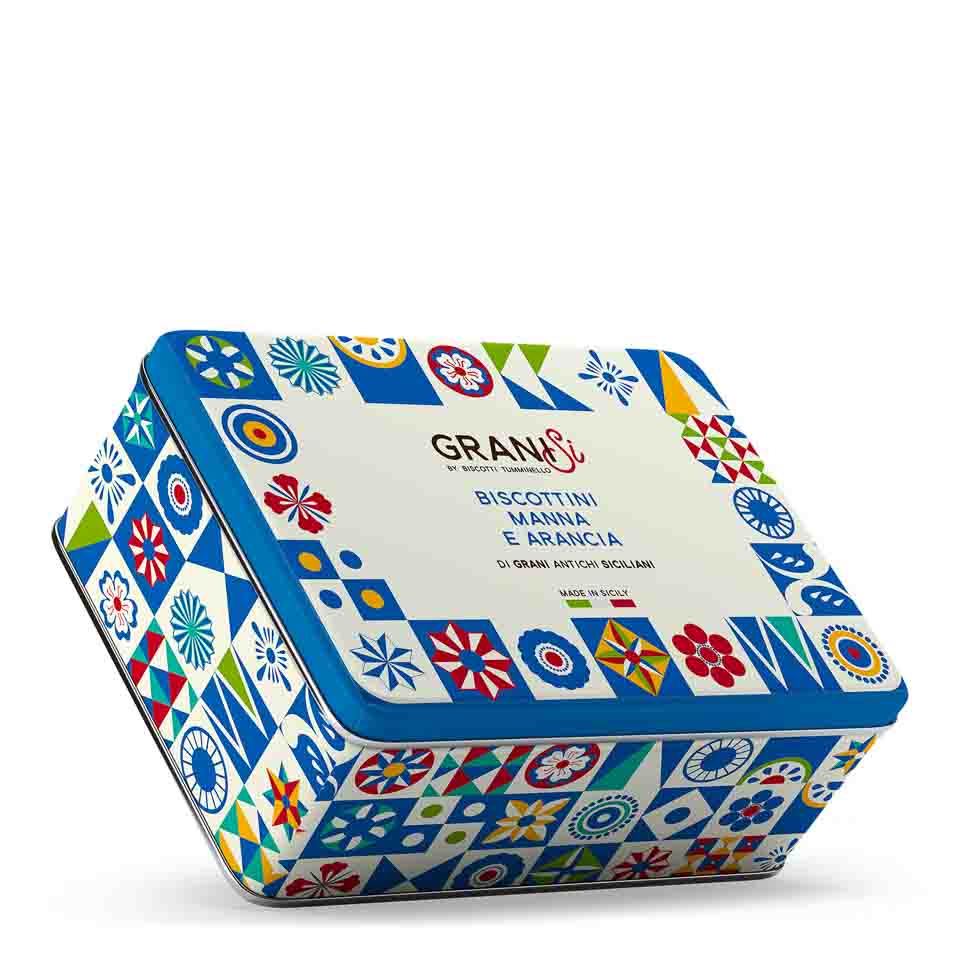 TUMMINELLO TIN BOX WITH BISCUITS OF MANNA AND ORANGE 270GR